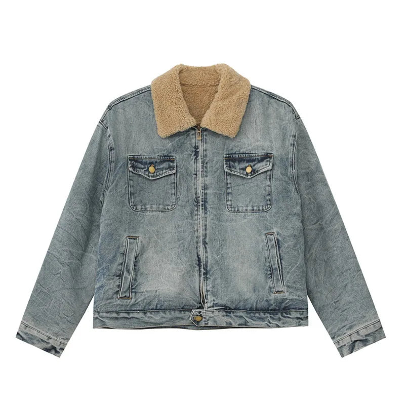 Mens Y2K Faux Wool Collar Washed Denim Jacket — vista frontale