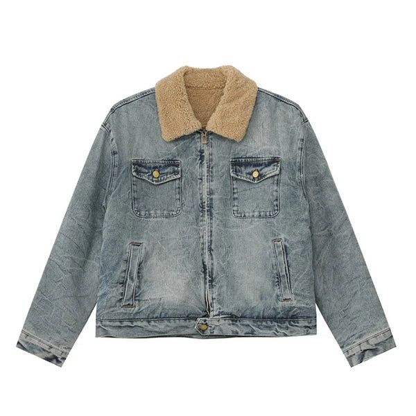 Mens Y2K Faux Wool Collar Washed Denim Jacket — vista frontale
