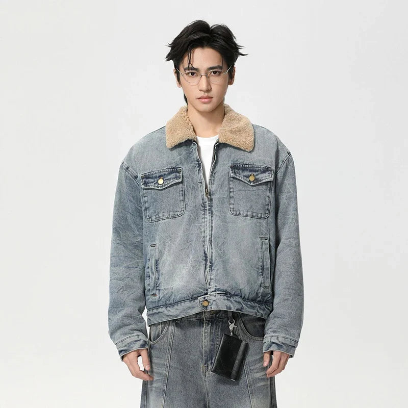 Mens Y2K Faux Wool Collar Washed Denim Jacket — vista posteriore