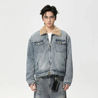 Mens Y2K Faux Wool Collar Washed Denim Jacket — vista posteriore