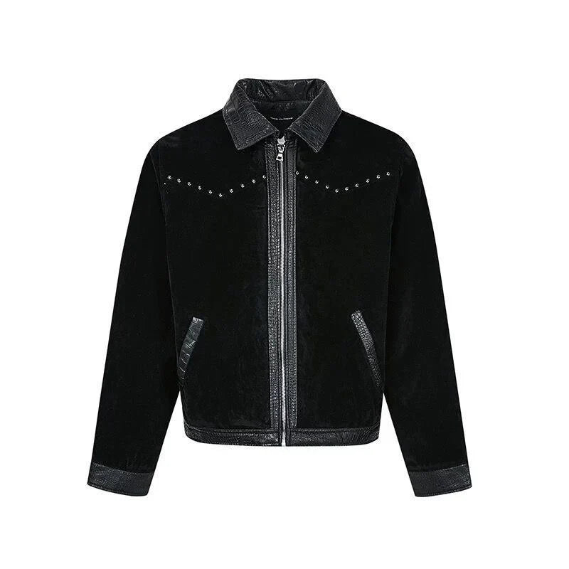 Mens Y2K Turn Down Collar Patchwork Rivet Faux Leather Jacket — vista frontale