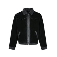 Mens Y2K Turn Down Collar Patchwork Rivet Faux Leather Jacket — vista frontale