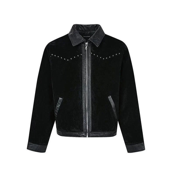 Mens Y2K Turn Down Collar Patchwork Rivet Faux Leather Jacket — vista frontale