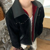 Mens Y2K Turn Down Collar Patchwork Rivet Faux Leather Jacket — dettaglio