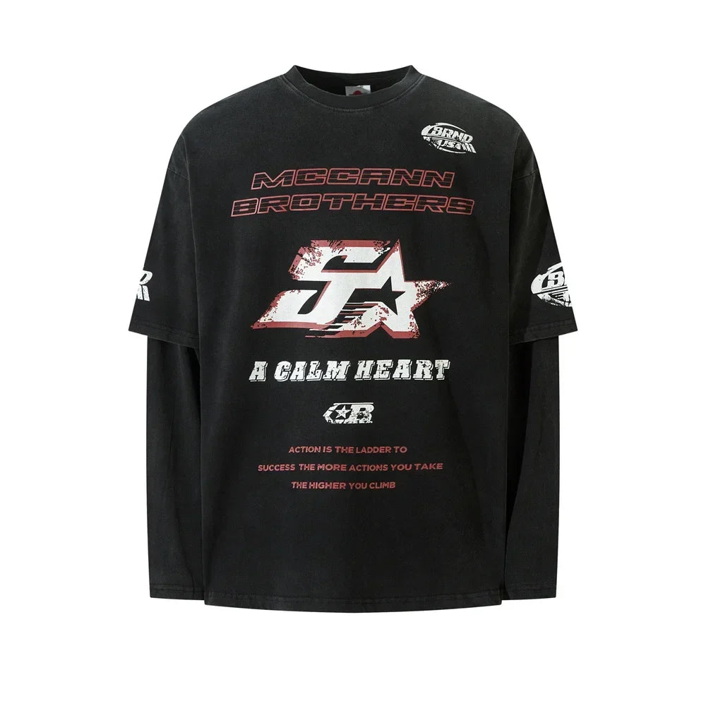 Mock Layered Y2K Racing Graphic Long Sleeve Top — vista frontale