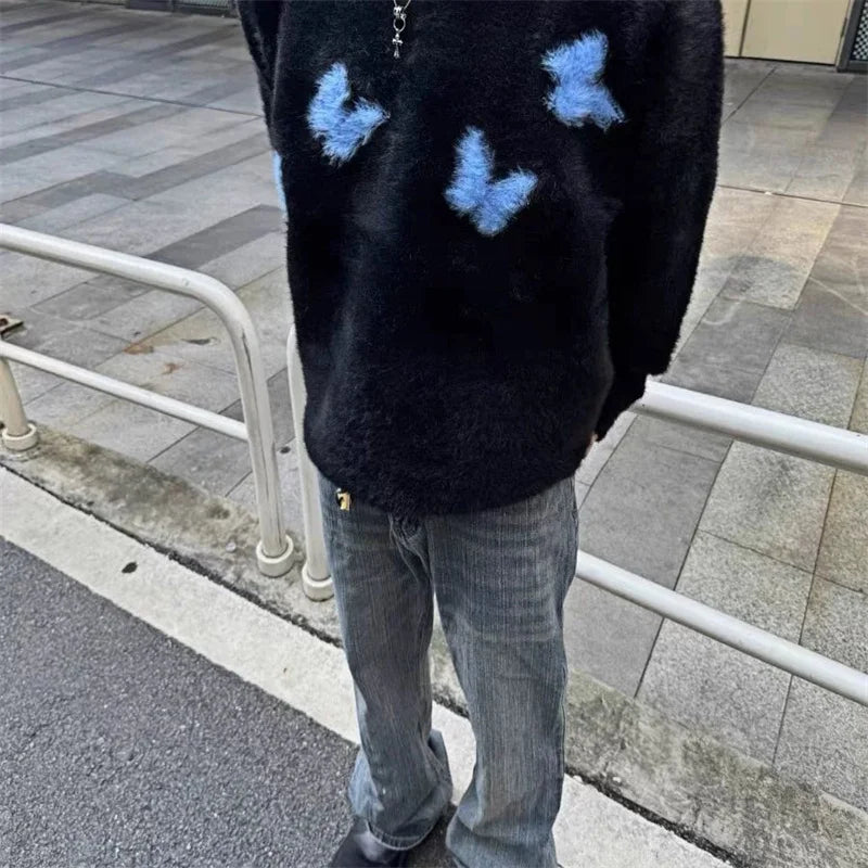 Mohair Y2K Blue Butterfly Knitted Cosy Jumper Sweater — vista posteriore