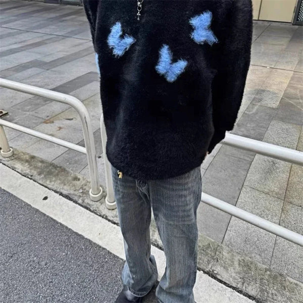 Mohair Y2K Blue Butterfly Knitted Cosy Jumper Sweater