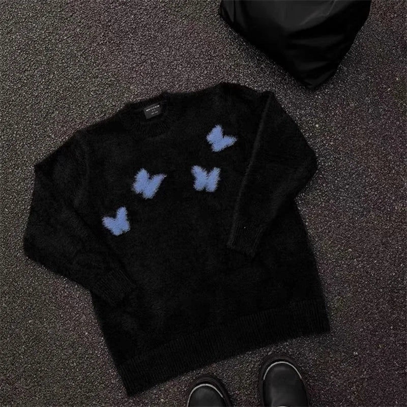 Mohair Y2K Blue Butterfly Knitted Cosy Jumper Sweater — vista laterale