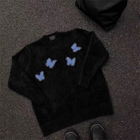 Mohair Y2K Blue Butterfly Knitted Cosy Jumper Sweater — vista laterale