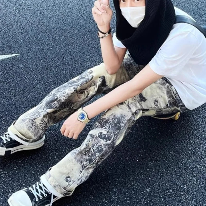 Oil Painting Style Graphic Baggy Jeans — vista posteriore
