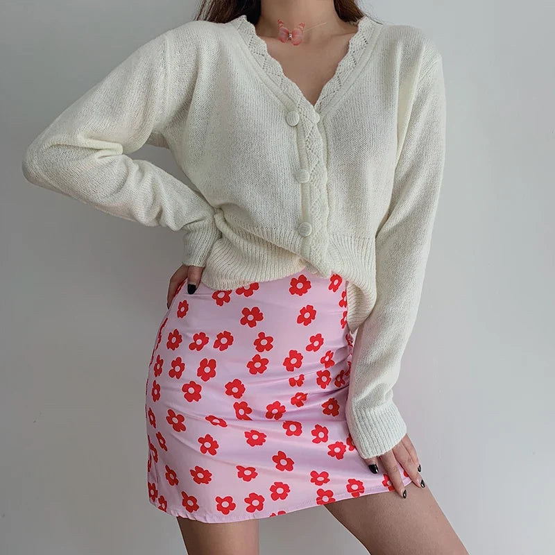 Pink Y2K High Waist Floral Mini Skirt — vista posteriore