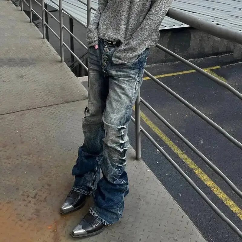 Pleated Y2K Mens Washed Denim Flared Jeans — dettaglio della stampa
