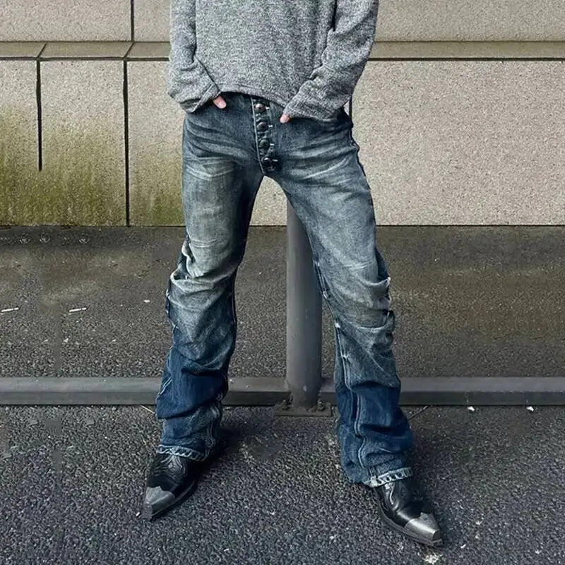 Pleated Y2K Mens Washed Denim Flared Jeans — vista frontale