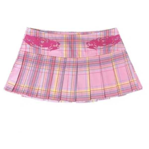 Preppy Y2K Pink Plaid Pleated Mini Skirt — vista frontale