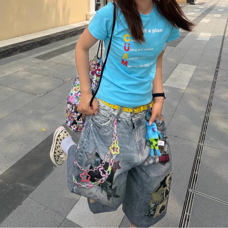 Print Y2K Persi Patchwork Washed Wide Leg Denim Shorts Jorts — dettaglio