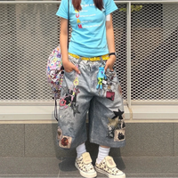 Print Y2K Persi Patchwork Washed Wide Leg Denim Shorts Jorts — in alternativa