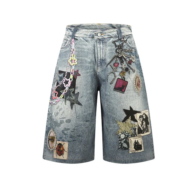 Print Y2K Persi Patchwork Washed Wide Leg Denim Shorts Jorts — vista frontale