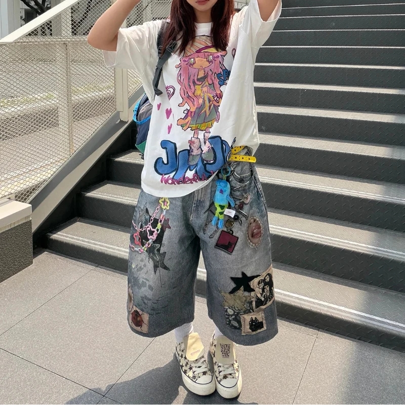 Print Y2K Persi Patchwork Washed Wide Leg Denim Shorts Jorts — vista posteriore