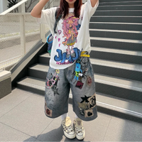 Print Y2K Persi Patchwork Washed Wide Leg Denim Shorts Jorts — vista posteriore