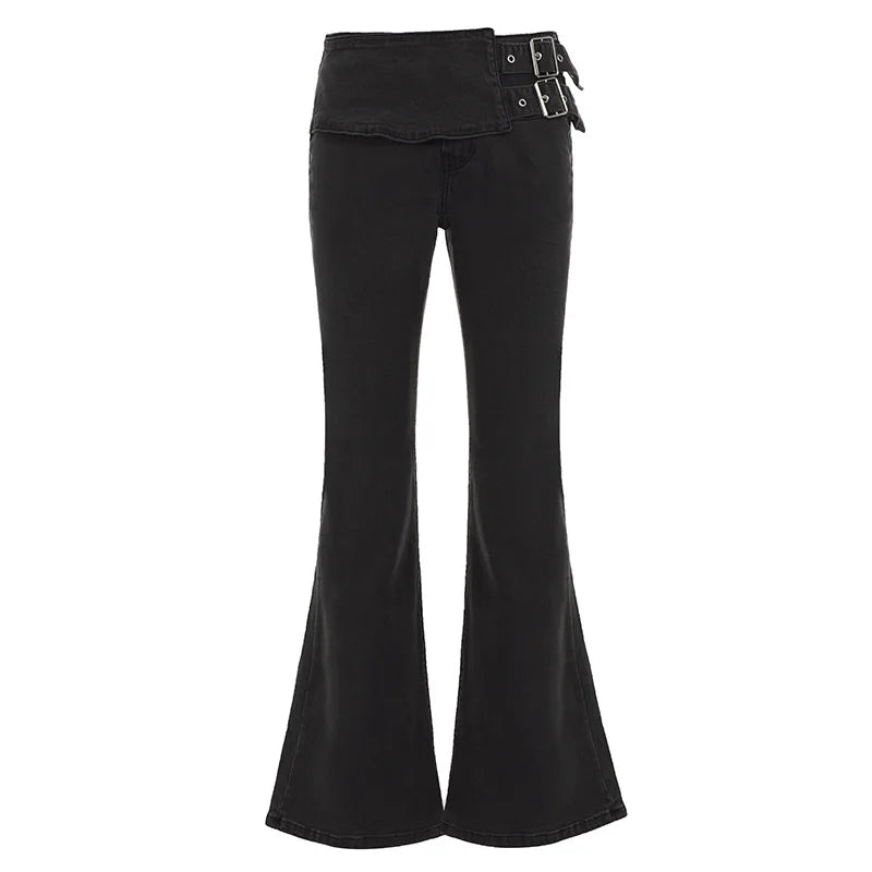 Punk Low Waist Y2K Skinny Stretch Flared Denim Jeans — vista frontale