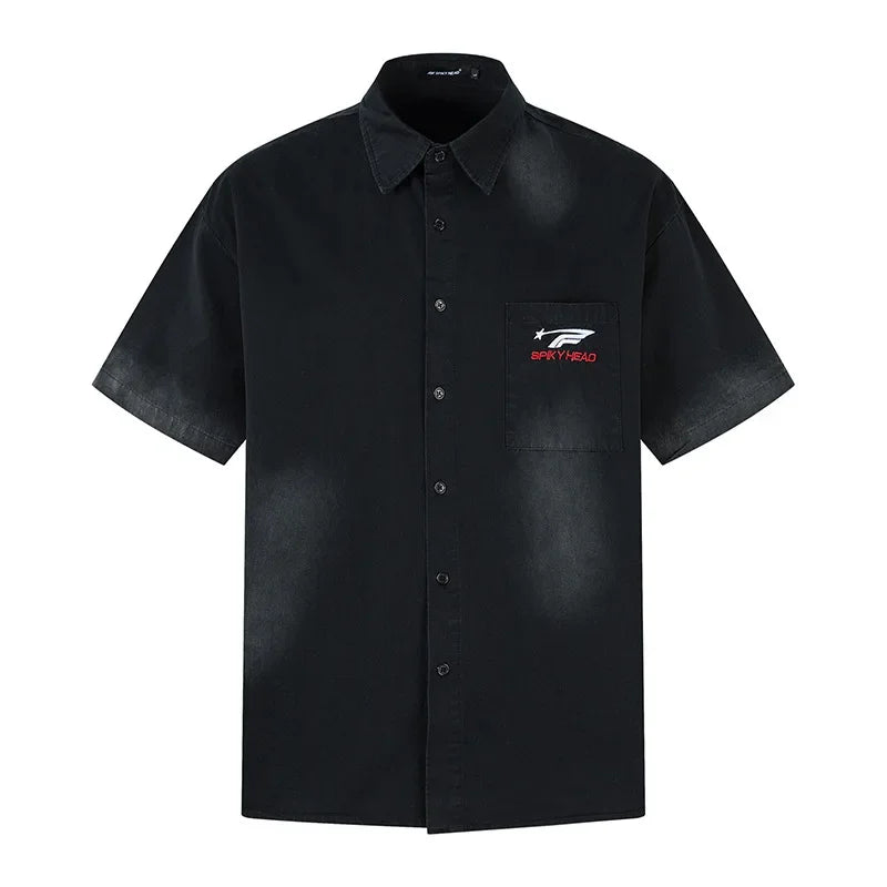 Retro American Embroidered Short Sleeve Work Shirt — vista posteriore