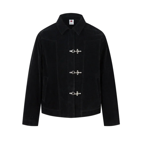 Retro Y2K Spliced Suede Pilot Clip Jacket — vista frontale
