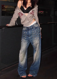 Retro Y2K Studded Wide Leg Low Rise Denim Jeans — vista posteriore
