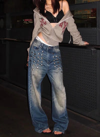 Retro Y2K Studded Wide Leg Low Rise Denim Jeans — dettaglio della stampa