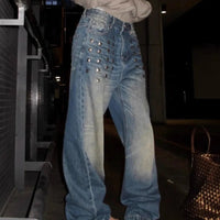 Retro Y2K Studded Wide Leg Low Rise Denim Jeans — vista frontale