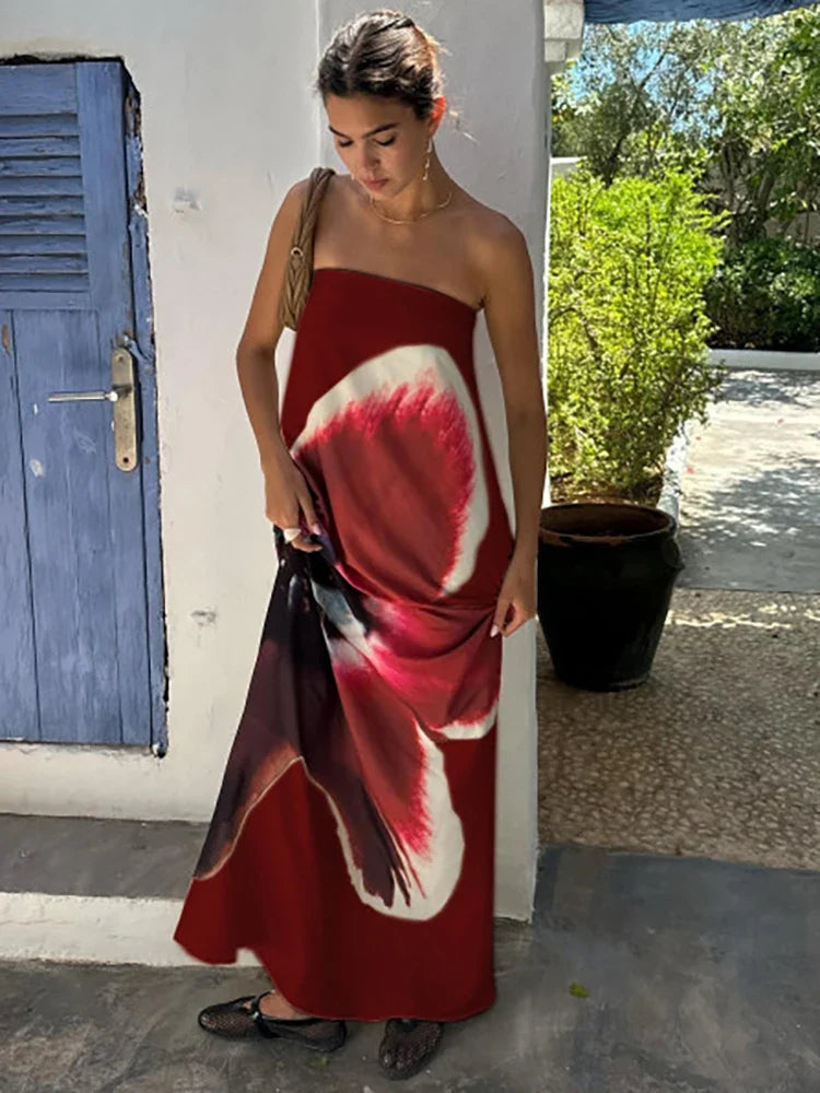 Sexy Strapless Floral Print Maxi Summer Dress — vista posteriore