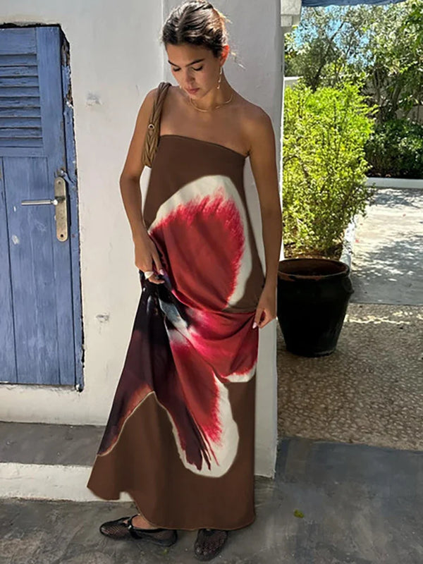 Sexy Strapless Floral Print Maxi Summer Dress — vista frontale