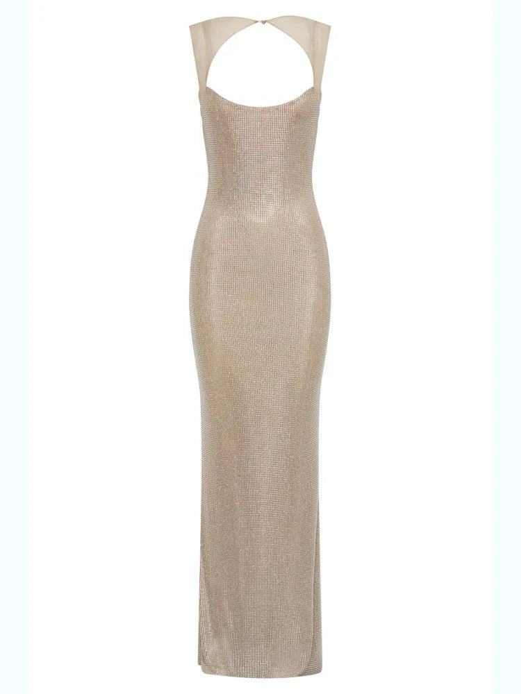 Sexy Y2K Square Collar Mesh Rhinestone Diamond Backless Maxi Dress — dettaglio della stampa