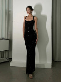 Sexy Y2K Square Collar Mesh Rhinestone Diamond Backless Maxi Dress — vista completa