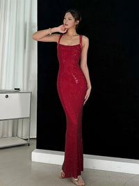 Sexy Y2K Square Collar Mesh Rhinestone Diamond Backless Maxi Dress — vista frontale