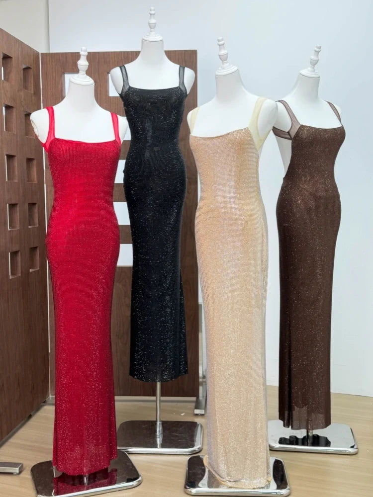 Sexy Y2K Square Collar Mesh Rhinestone Diamond Backless Maxi Dress — vista posteriore