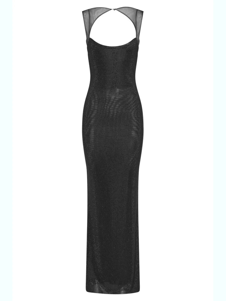 Sexy Y2K Square Collar Mesh Rhinestone Diamond Backless Maxi Dress — vista frontale