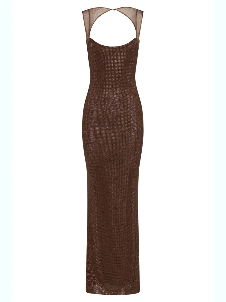 Sexy Y2K Square Collar Mesh Rhinestone Diamond Backless Maxi Dress — vista posteriore
