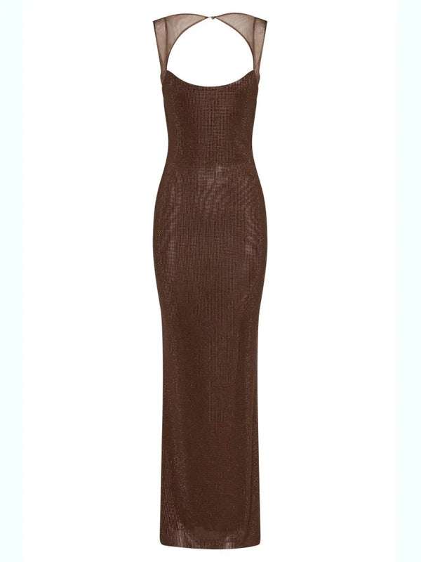 Sexy Y2K Square Collar Mesh Rhinestone Diamond Backless Maxi Dress