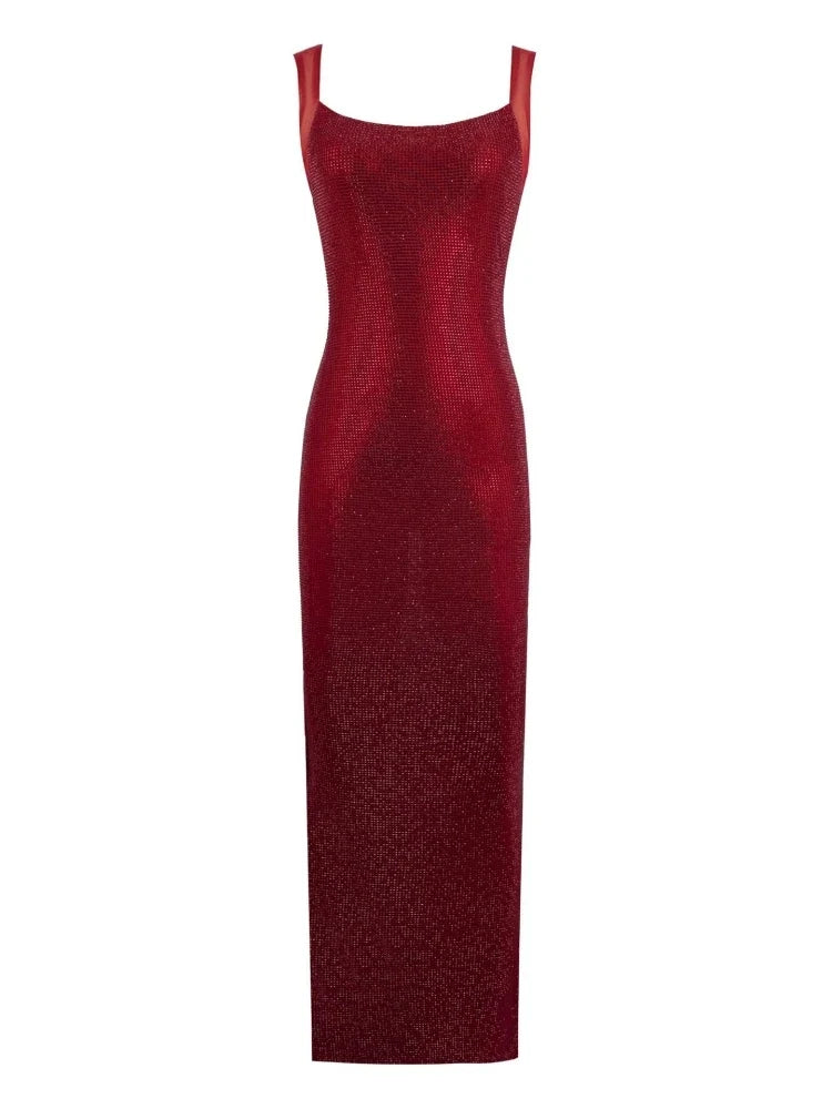 Sexy Y2K Square Collar Mesh Rhinestone Diamond Backless Maxi Dress — dettaglio