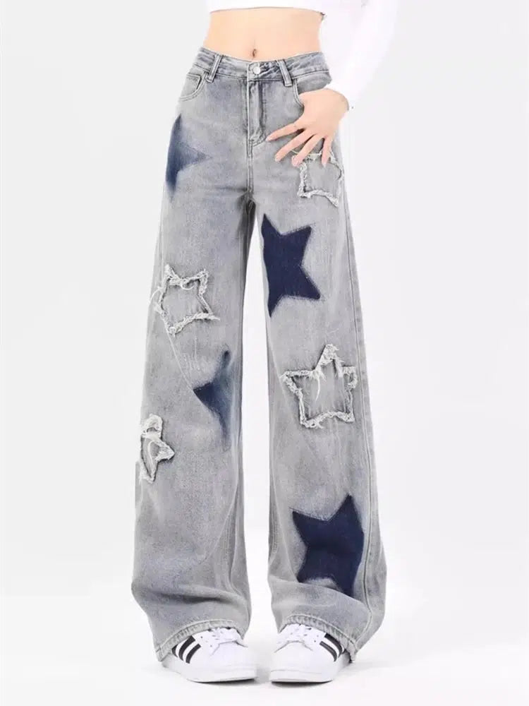 Star Design Y2K Embroidered Denim Low Waist Wide Leg Baggy Jeans — vista posteriore
