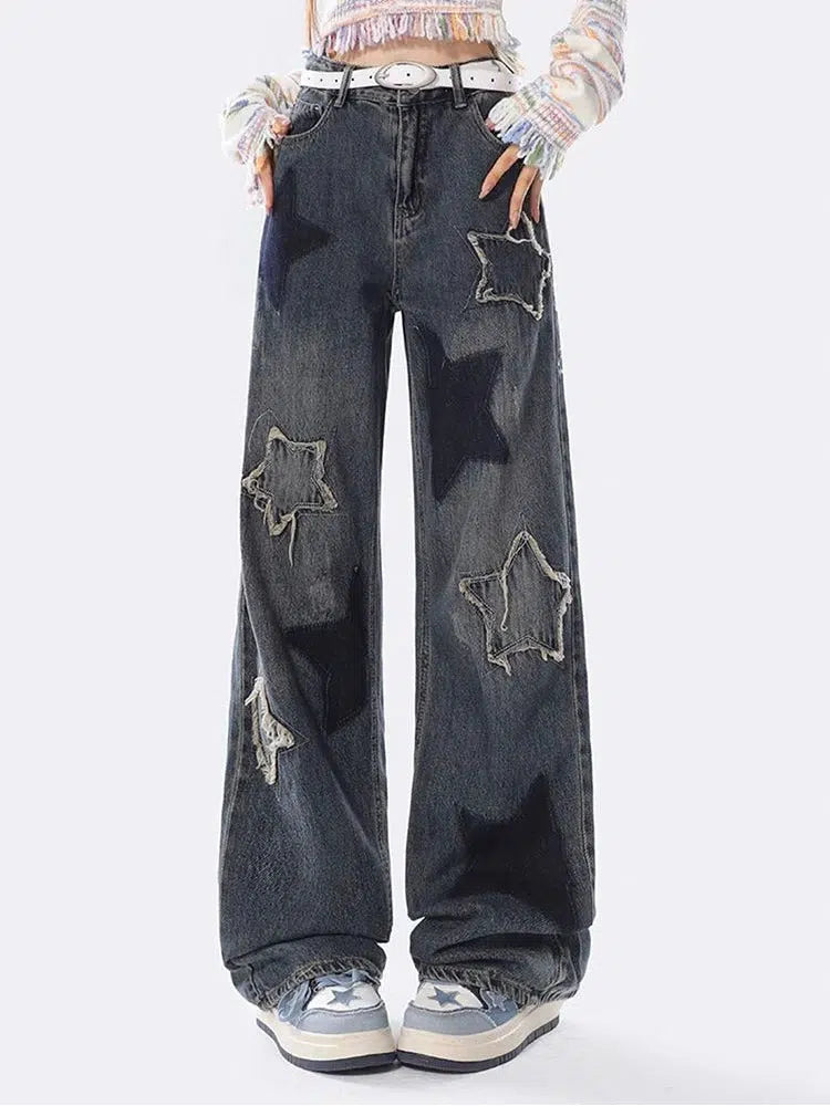 Star Design Y2K Embroidered Denim Low Waist Wide Leg Baggy Jeans — vista frontale