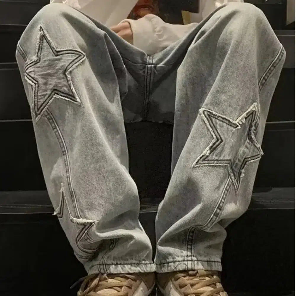 Star Embroidered Y2K Baggy Straight Leg Washed Jeans — dettaglio