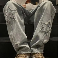 Star Embroidered Y2K Baggy Straight Leg Washed Jeans — dettaglio