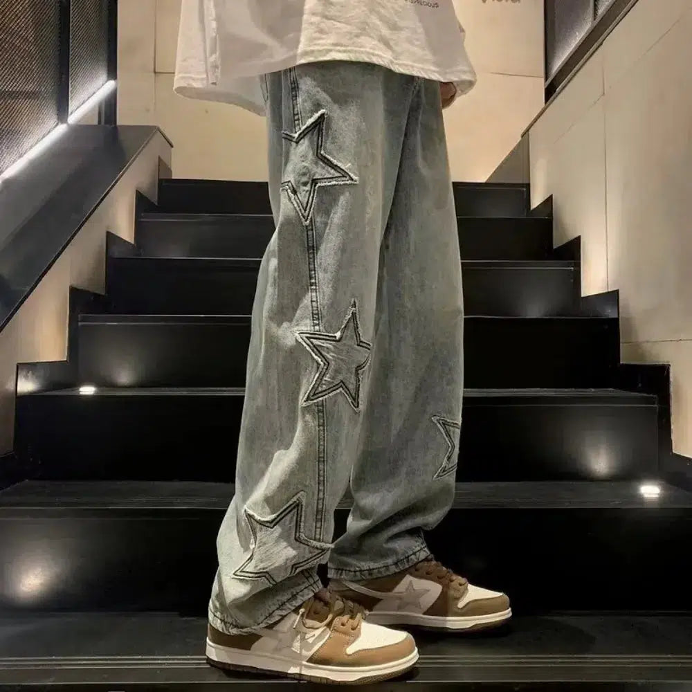 Star Embroidered Y2K Baggy Straight Leg Washed Jeans — vista posteriore
