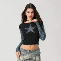 Striped Y2K Star Graphic Cropped Long Sleeve Top — vista posteriore