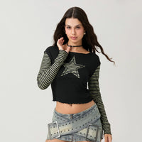 Striped Y2K Star Graphic Cropped Long Sleeve Top — in alternativa