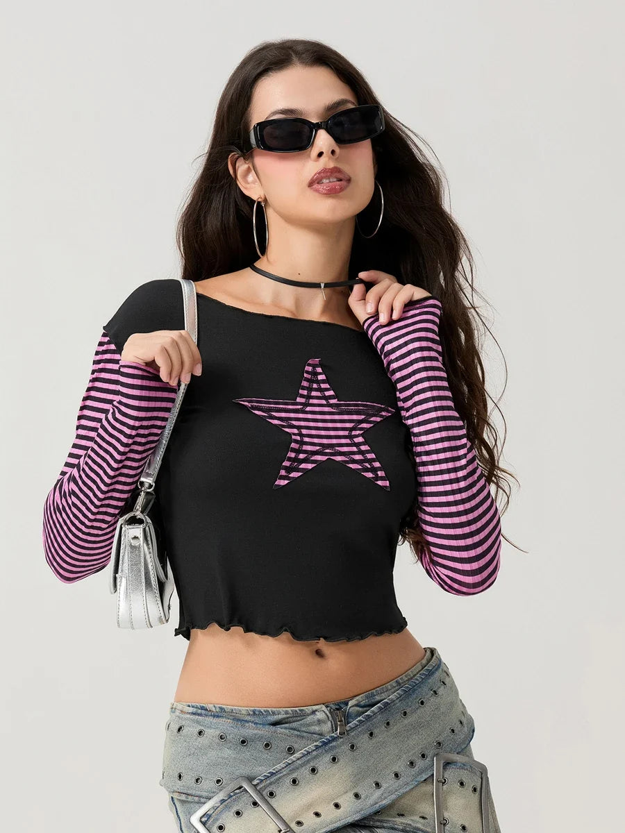 Striped Y2K Star Graphic Cropped Long Sleeve Top — dettaglio