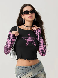 Striped Y2K Star Graphic Cropped Long Sleeve Top — dettaglio