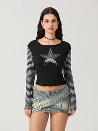 Striped Y2K Star Graphic Cropped Long Sleeve Top — in alternativa