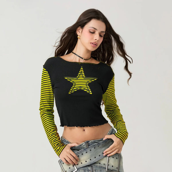 Striped Y2K Star Graphic Cropped Long Sleeve Top — vista frontale
